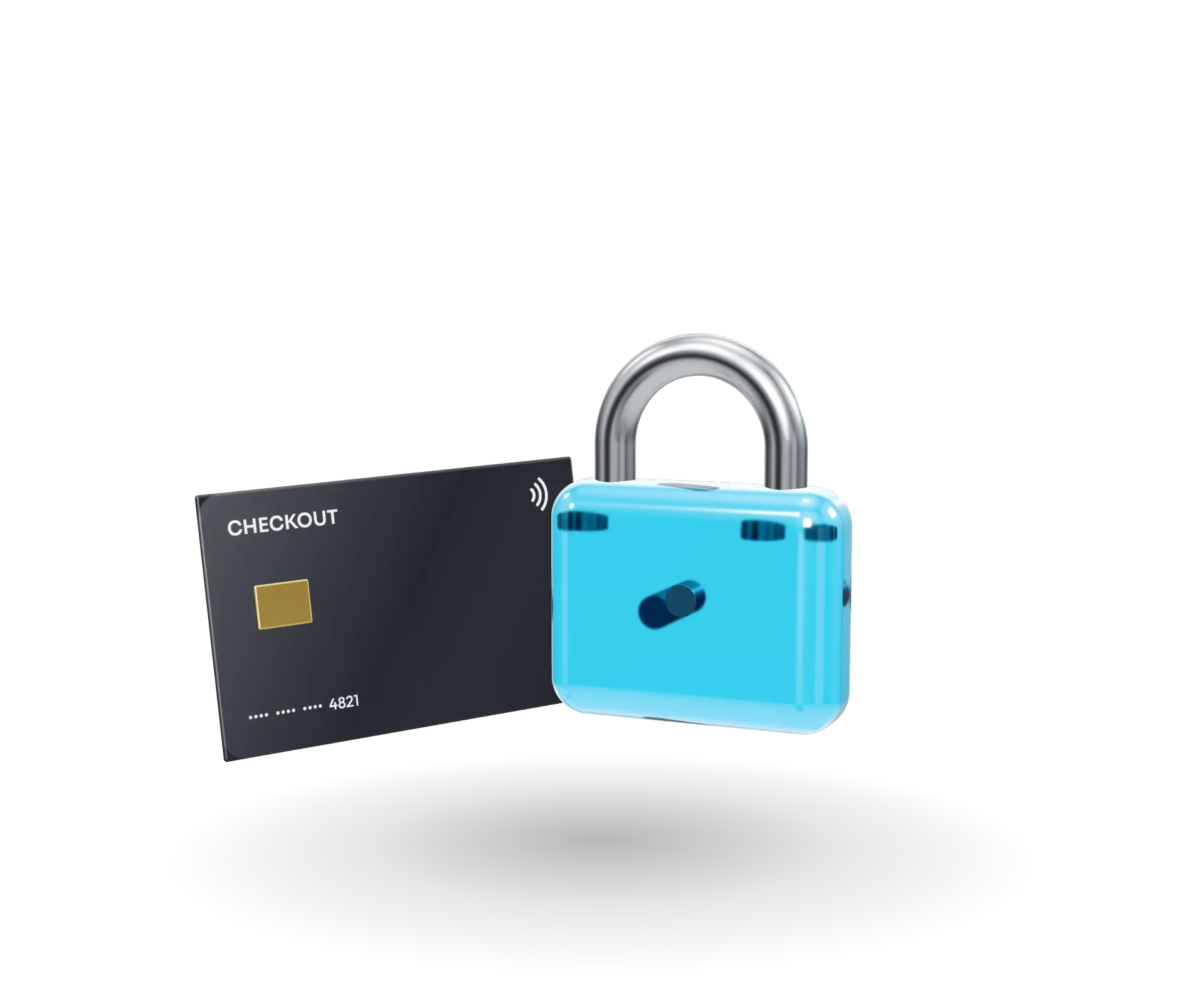 A cyan glass padlock in front of a graphite checkout card