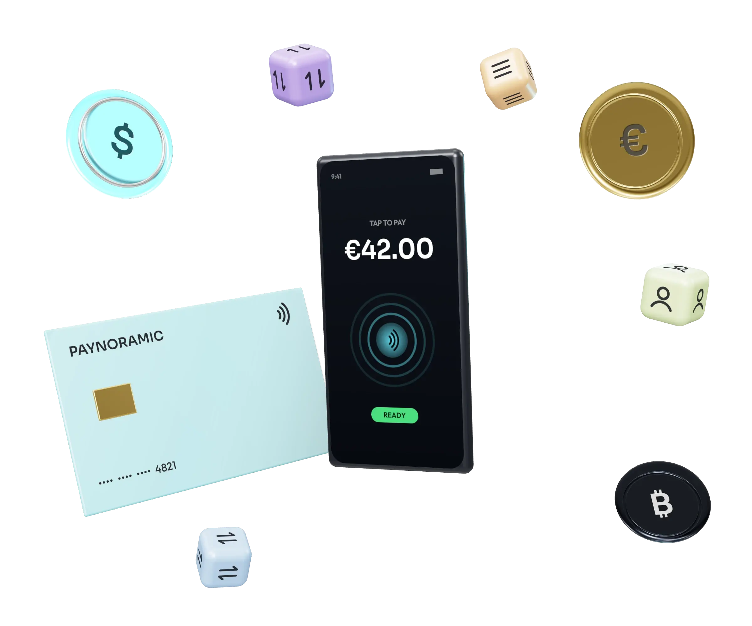 3D illustration: a phone taking a contactless card payment, with coins and platform modules floating around it