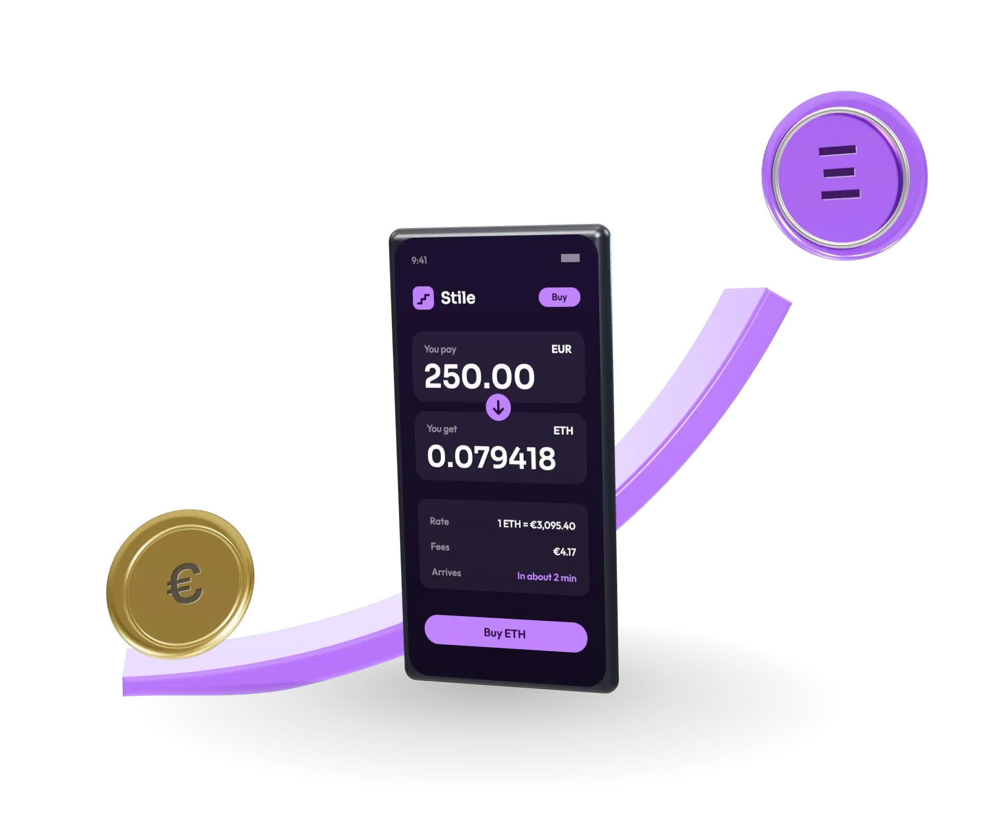 A phone showing €250.00 buying 0.079418 ETH, in front of a lilac glass ramp that climbs from a gold euro coin to a purple glass ether coin