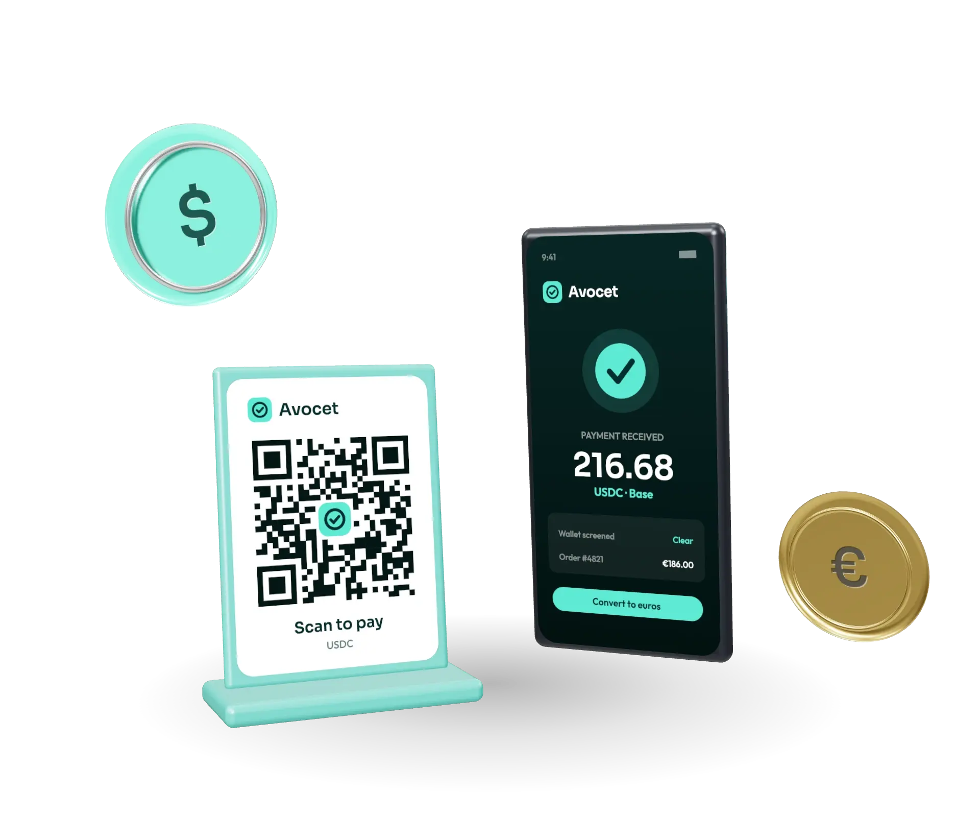 A teal stand with a QR code to pay in USDC, beside a phone showing 216.68 USDC received, with a teal glass dollar coin and a gold euro coin