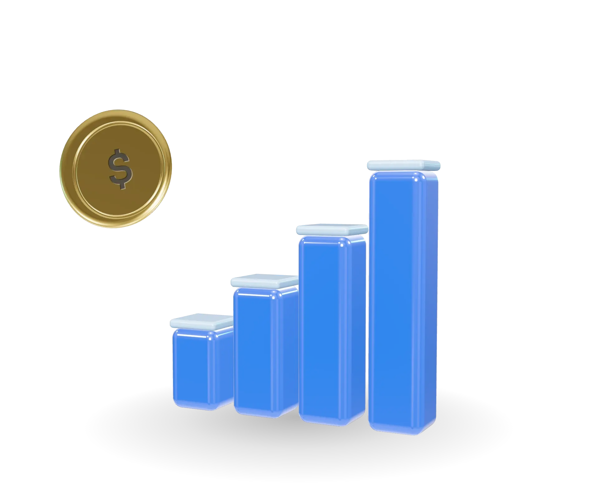 Blue glass bar chart climbing to the right, with a gold dollar coin